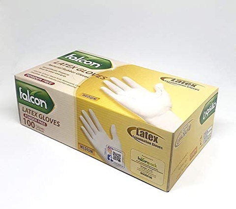 Falcon Latex Gloves, Powder Free, Medium (1 Pack X 100 Pieces)