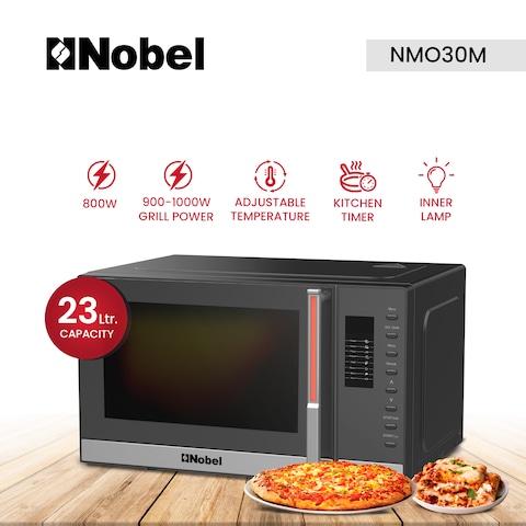 Nobel 23 Liters Microwave Oven Button Control, 60mins Setting Time, 5 Power Levels, Cooking End Signal, Defrost Setting With 1Year Warrenty NMO30D Black