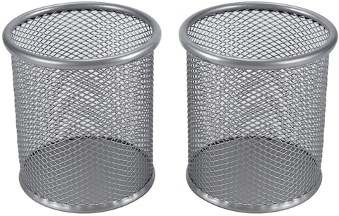 Generic Mesh Desktop Organizer Round Metal Pen Ruler Eyebrow Pencil Makeup Brush Cup Holder Home Office 2 Pcs (Pink)