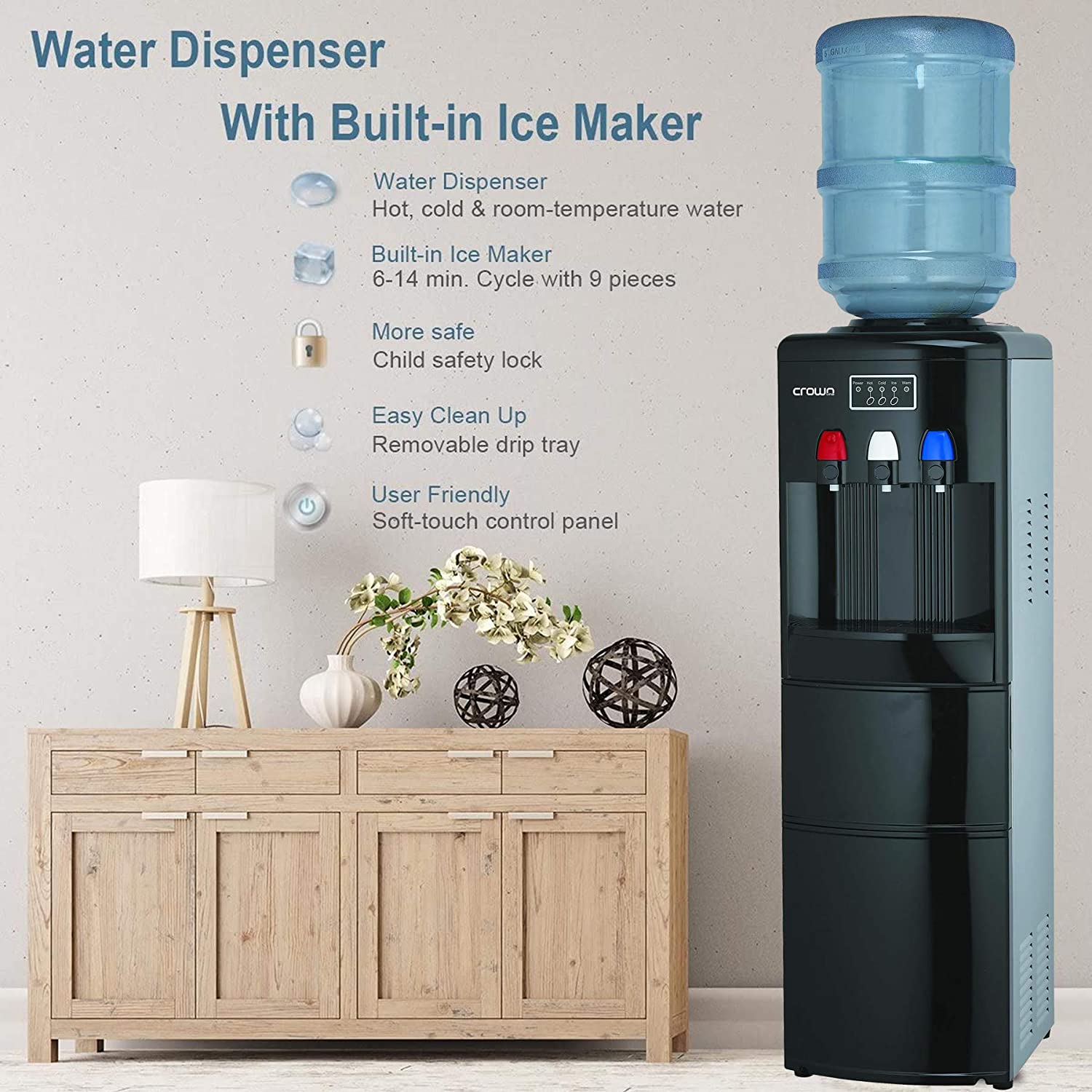 Crownline Wd-232 Top Loading Water Dispenser, Hot, Cold, Normal, Ice Maker, Capacity 12Kg/24Hrs