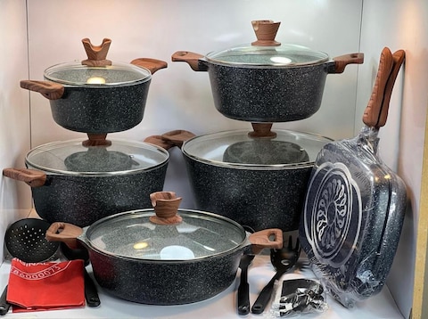 Dessini 19-Piece Non Stick Granite Cookware Set 20/24/28/32cm Casserole, 28cm Shallow Casserole, 32cm Double Fry Pan - PFOA Free
