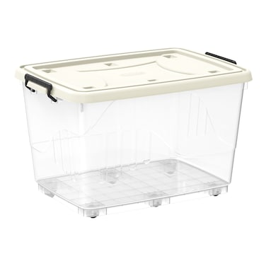Cosmoplast Plastic Storage Box With Wheels And Lockable Lid White And Clear 82L
