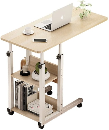 Jjone Bedside End Table Overbed Table Side Table With Wheels Height Adjustable With Storage Shelves For Sofa Couch (A188-Maple Sakuragi)