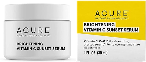Acure Brightening Vitamin C Sunset Serum, 100% Vegan, For A Brighter Appearance, Vitamin C, Coq10 &amp; Astaxanthin, Intense Overnight Moisture, For All Skin Types, 1 Fl Oz