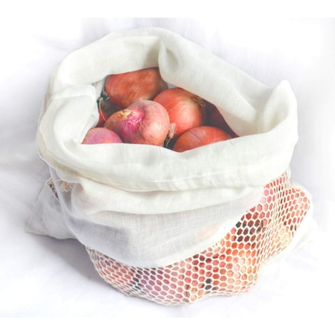 Fruit And Vegetable With Cotton Mesh Reusable Bag White And Green 30x39cm