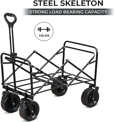 HEXAR&reg; Heavy Duty Shopping Trolley Folding Multi-Functional Portable Utility Wagon Beach Trolley Storage Basket Outdoor Camping Garden Cart with Adjustable Handle (ALL TERRAIN WIDE WHEELS - BLACK)