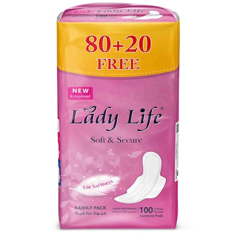Lady Life Women Pads Soft And Secure Family Pack Wings 100 Pads