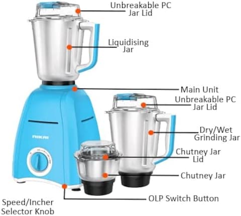 Nikai 900W Blender With 3 Jars, 1.5L Liquid Jar, 400ml Dry/Wet Jar, And 1L Dry/Wet Grinding Jar, Stainless Steel Blades And 3 Speed Settings, NB694A, Blue (6 Months Warranty)