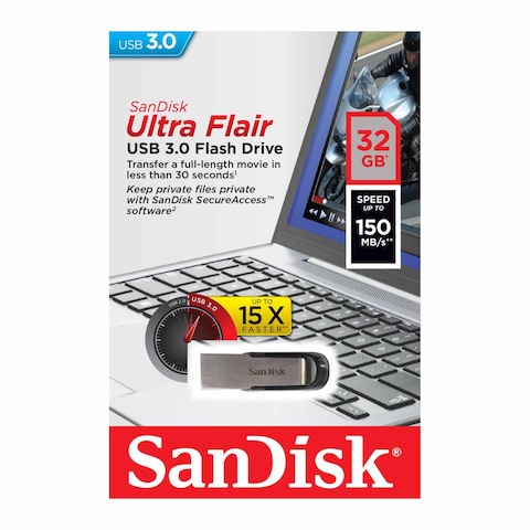 Sandisk Ultra Flair Flash Drive, 32GB, USB 3.0, Silver - SDCZ73