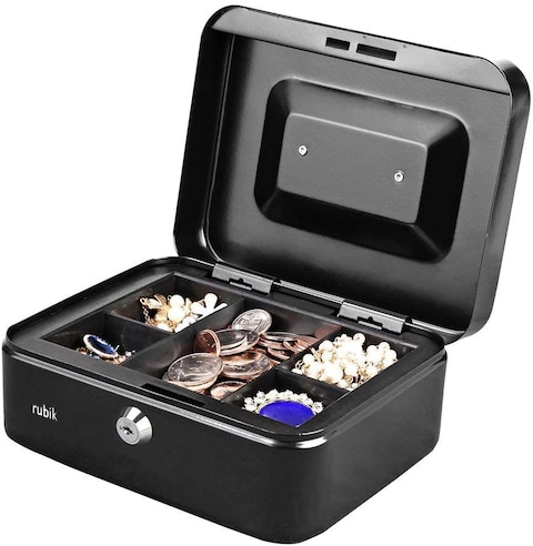 Medium Cash Box Steel Register with Tray and Lock (20x16x9cm) Black