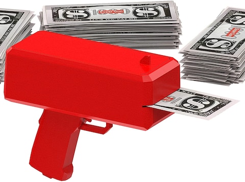 Red Money Gun, Paper Playing Spray Fake Money Gun Make it Money rain Toy Gun, with Pack of 100 pcs of Play Money Cash Gun for Party