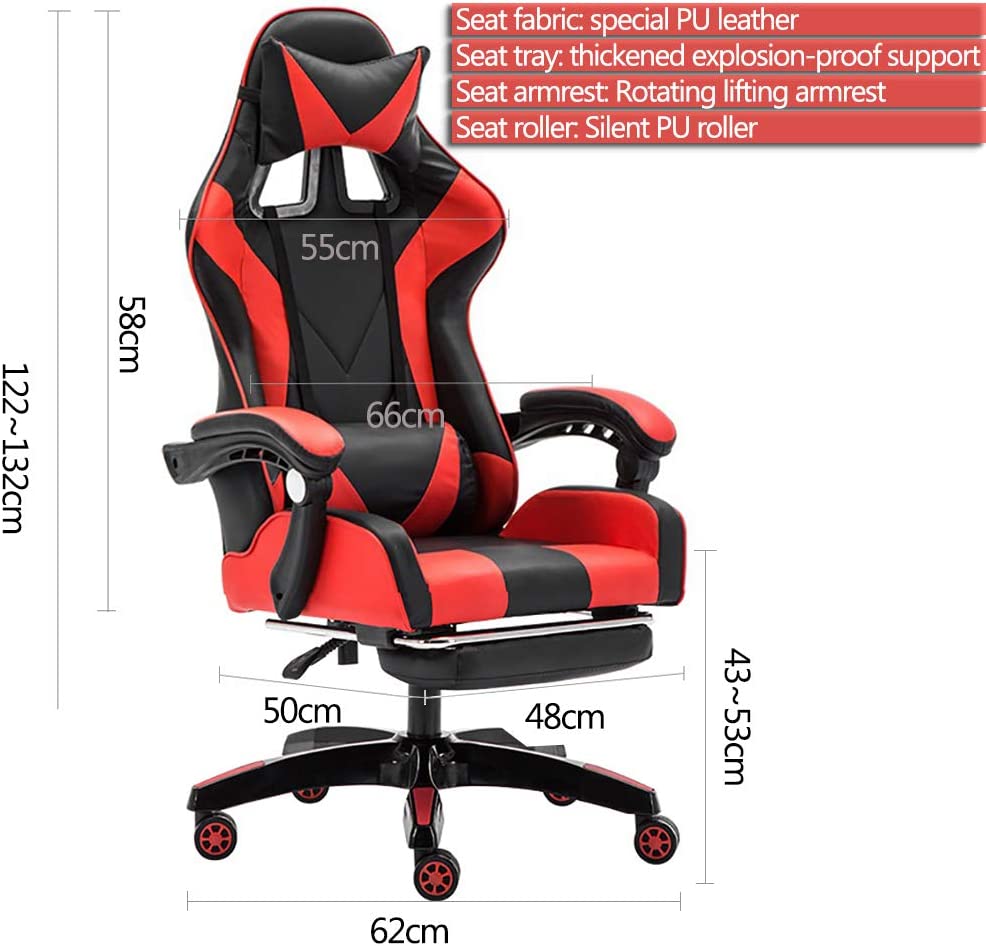 Gaming Chair, Video Gaming Chair, PU Leather High Back Ergonomic Swivel Racing Computer Chair Task Chair, Rolling Office Chair with Lumbar Support and Retractible Footrest for Gaming and Relax (Red)