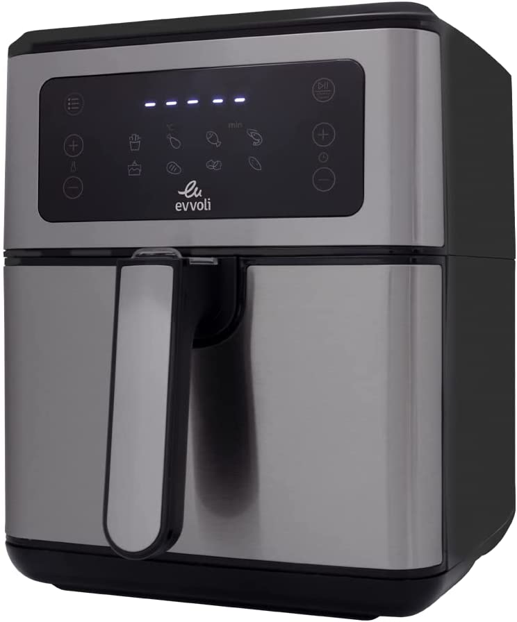 Evvoli Air Fryer 5.5 Liters, Digital Control Panel Display, 8 Preset Programs With Built-In Preheat function, 1850W, Brush Stainless Steel &amp; Black, EVKA-AF5508D