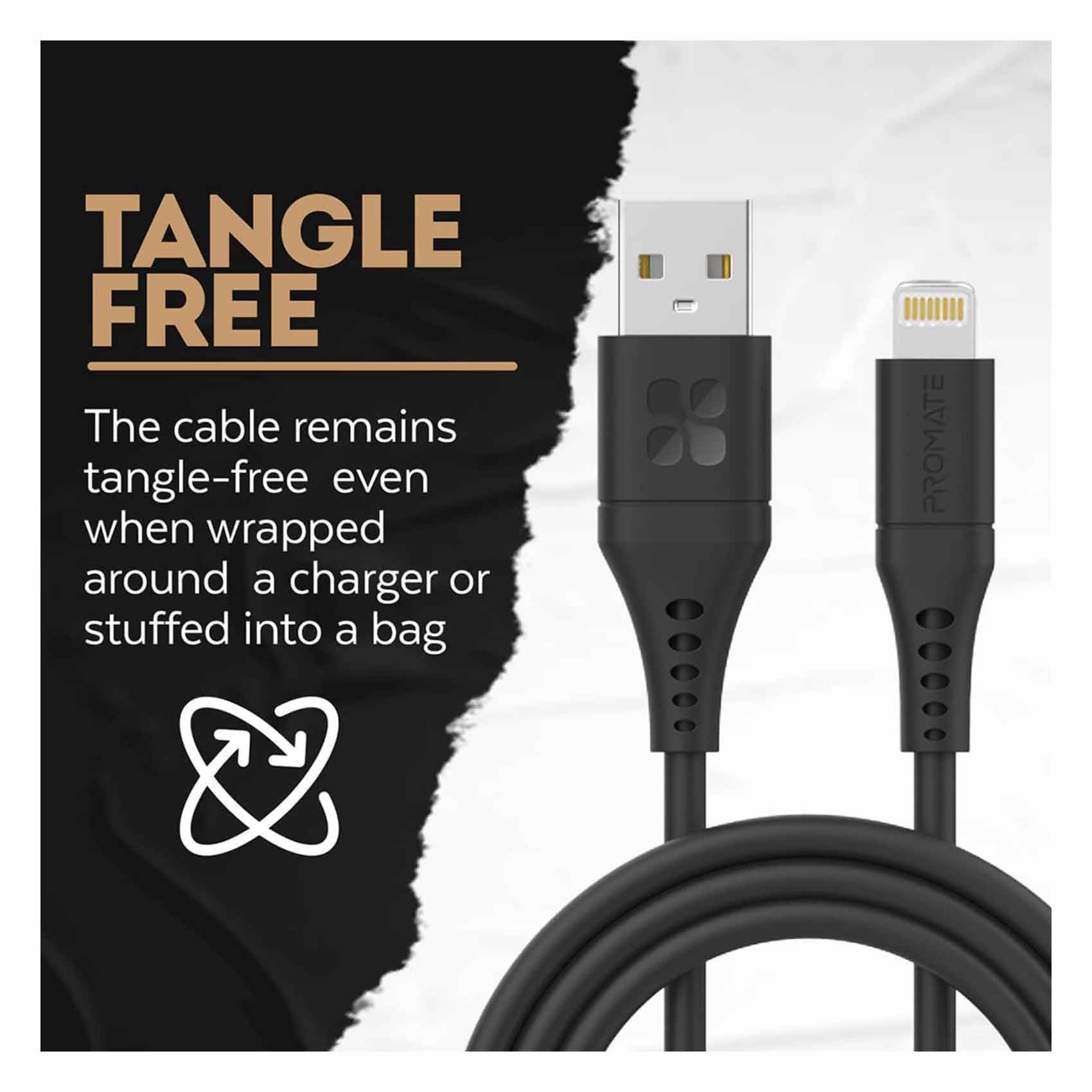 Promate Lightning To USB-A Data Sync And Charging Cable 2m Black