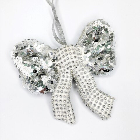 Silver Sequin Rhinestone Bow Christmas Hanging Decor 14x14cm