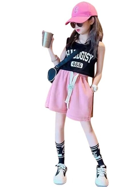 Mei Stylish Girl&#39;s Summer 2 Piece Outfit Sleeveless T-shirt and Short Pant Set, 13-15 Years, Pink &amp; Black