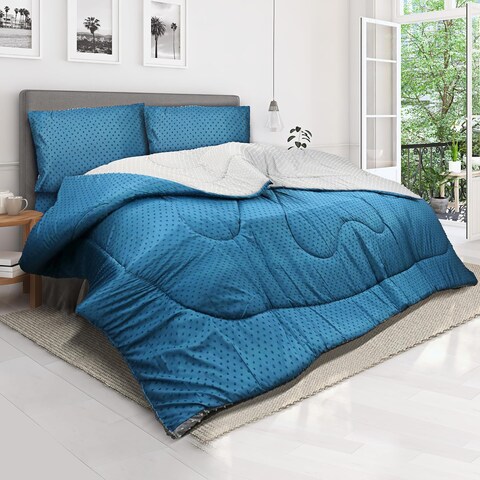 Hotel Linen Klub Reversible Swiss Dots Double Comforter 3 PC Set - Outer Fabric Poly Melange With Real Swiss Dots Pattern, Size: 200 x 240cm, Navy &amp; Light Grey