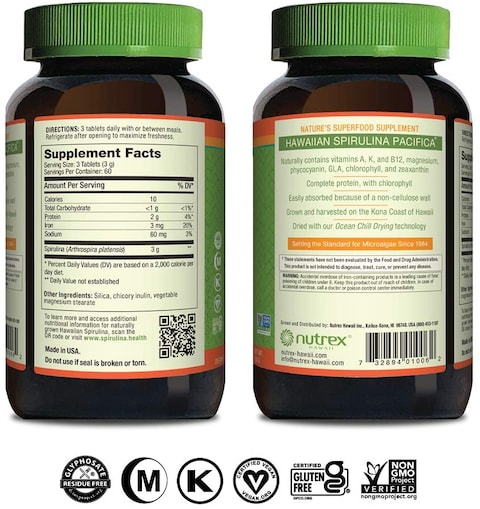 Nutrex Hawaii Pure Hawaiian Spirulina-1000 Mg Tablets 180 Count, Vegan, Non-Gmo, Non-Irradiated, Superfood Supplement &amp; Natural Multivitamin
