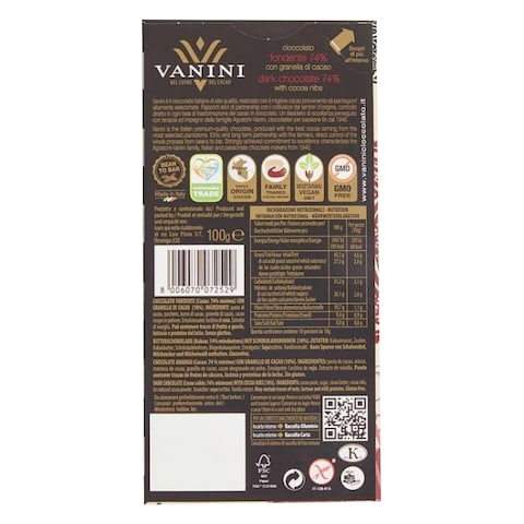 Vanini 74 Dark Chocolate Bar With Cocoa Nibs 100G