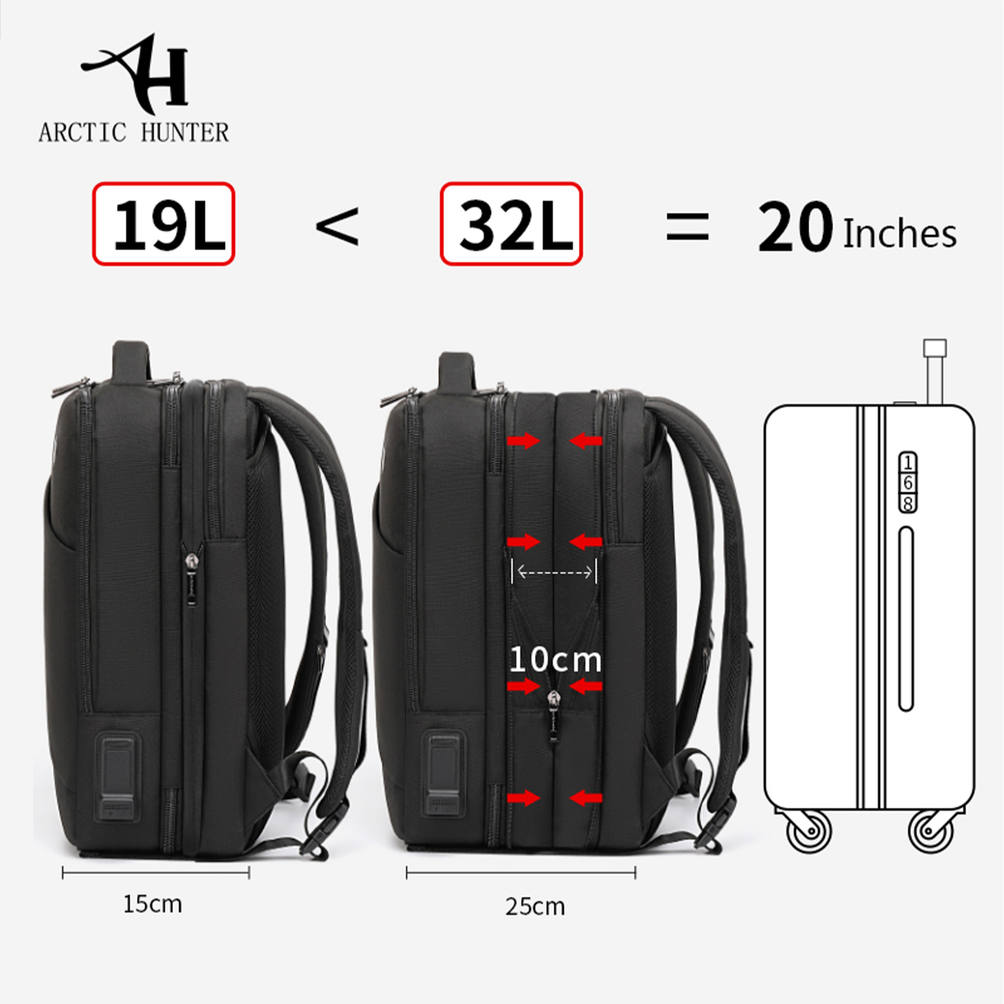 Arctic Hunter 3 in 1 Expandable Backpack 18 inch Water Resistant Travel Business Laptop Bag for Unisex with Built in USB and Headphone port B00345 Black