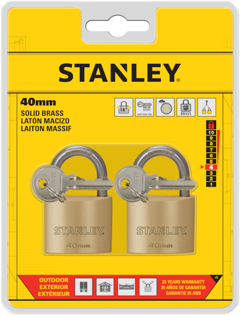 Stanley Padlock Brass 40mm Standard Shackle with 5 Keys (2 Pcs Pack)
