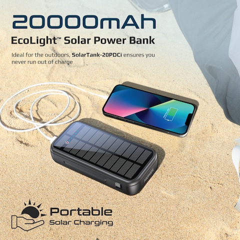 Promate Solar Power Bank, Portable 20000mAh Battery Charger with Built-in 5V/2.1A USB-C and Lightning Cables, 20W USB-C Power Delivery and Dual QC 3.0 Ports for iPhone 13, Galaxy S22, SolarTank-20PDCi