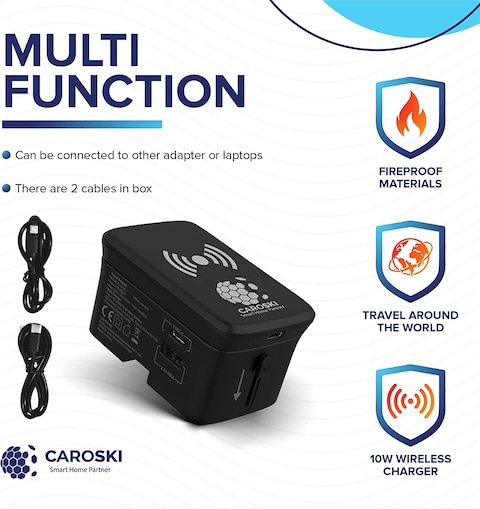 محول سفر Caroski Universal مع شاحن لاسلكي (3.4A) ومحول الشحن السريع Type-C