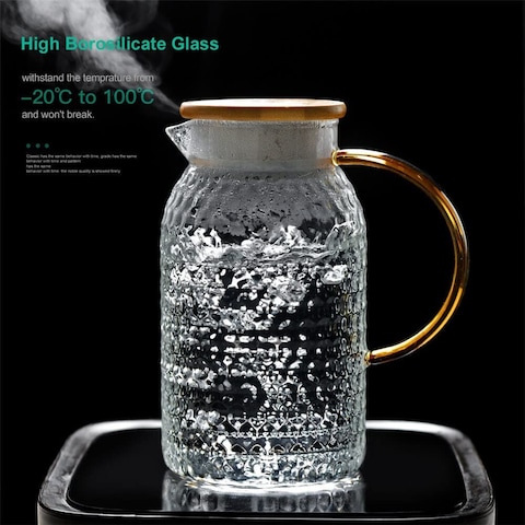 1Chase Heat Resistant Borosilicate Glass Water Pitcher With Bamboo Lid And Stainless Steel Strainer For Tea, Coffee, Juice And For Daily Use,1800 ml (Only Pitcher).