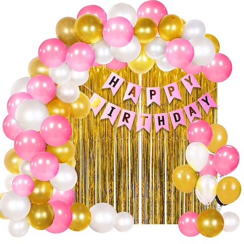 Party Time 64-Pieces 12inch Metallic Pink, Gold &amp; White Latex Balloons, Gold Foil Curtain, Pink Happy Birthday Banner For Birthday Party Decoration - Birthday balloons Party Supplies