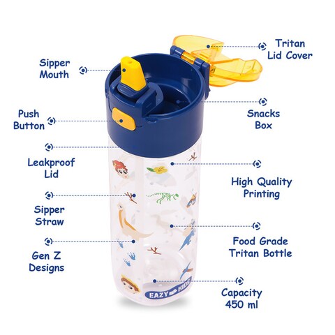 Eazy Kids Tritan Water Bottle w / Snack Box, T - Rex - Blue, 450ml