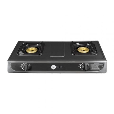AFRA Japan Two Burner Gas Stove, Brass Caps, Battery Powered Ignition, Tempered Glass Top, Stainless Steel, Double Injection, G-MARK, ESMA, ROHS, and CB Certified, 2 years warranty