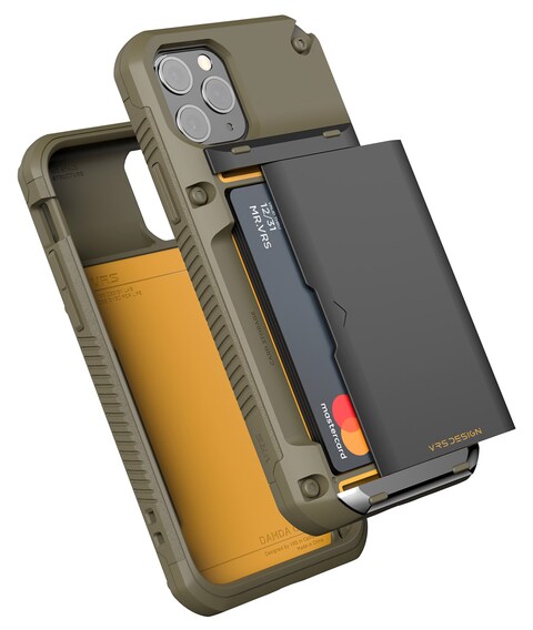 VRS Design Damda Glide PRO designed for iPhone 11 PRO case cover [Semi Automatic] slider door Credit card holder Slot wallet [4 cards] - Khaki