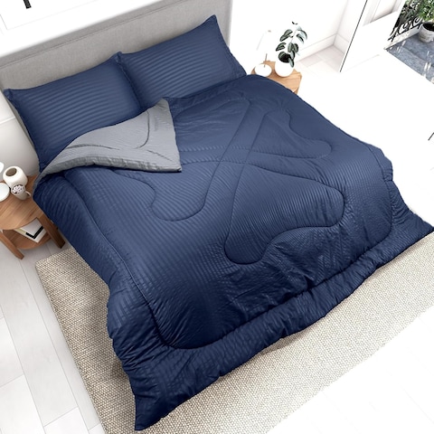 Hotel Linen Klub Reversible Down Alternative Comforter Set, Ultra Soft Brushed Stripe Microfiber Fabric, 200GSM Soft Fibersheet Filling, Size: Double 220 x 240cm, Navy Blue &amp; Dark Grey
