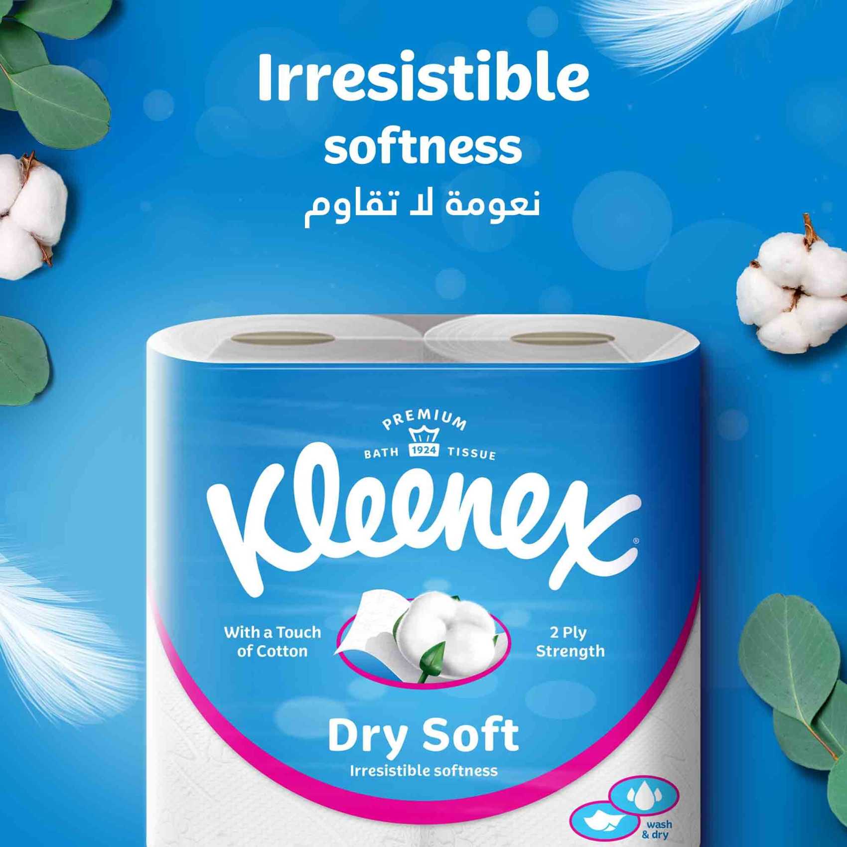 Kleenex Dry Soft Toilet Tissue Paper 2 Ply 12 Rolls x 200 Sheets Embossed Bathroom Tissue With A Touch Of Cotton