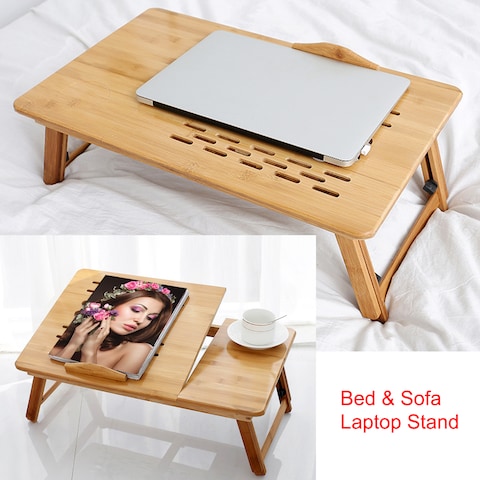 Generic-Foldable Bamboo Laptop Desk Stand Breakfast Serving Bed Tray Table Height Adjustable with 4 Angles Tilting Top Cooling Fan Drawer for Reading Writing Working Eating