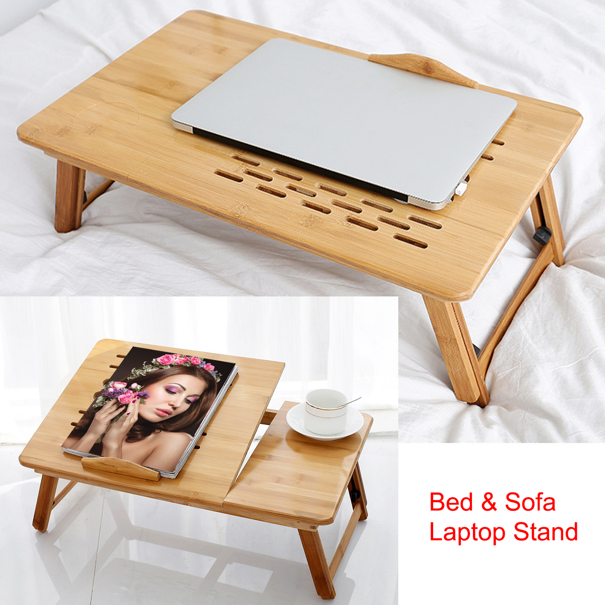 Generic-Foldable Bamboo Laptop Desk Stand Breakfast Serving Bed Tray Table Height Adjustable with 4 Angles Tilting Top Cooling Fan Drawer for Reading Writing Working Eating