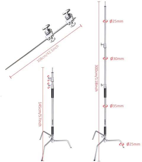Coopic C Stand With 3 Pcs Wheel Stainless Steel 336Cm/10.8Ft Max. Height And 4 Feet Holding Arm Grip With Turtle Base For Studio Light Reflector