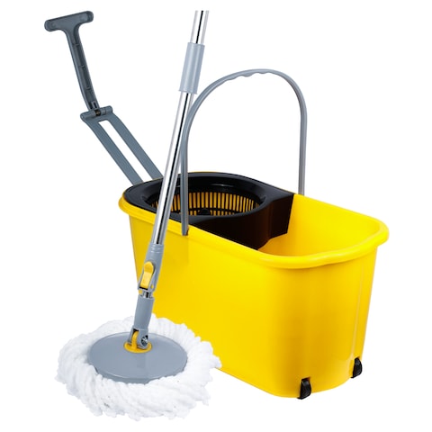 Esqube Classic Spin Mop Yellow Bucket Set with Pull Handle, Wheels