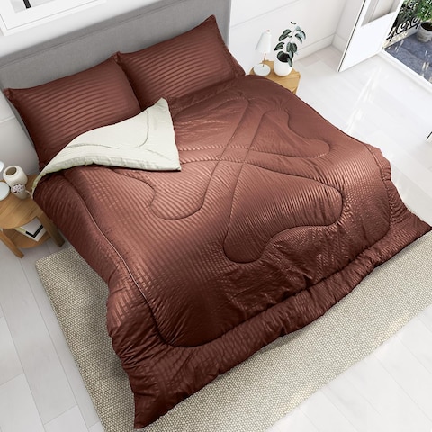 Hotel Linen Klub Reversible Down Alternative Comforter Set, Ultra Soft Brushed Stripe Microfiber Fabric, 200GSM Soft Fibersheet Filling, Size: Double 220 x 240cm, Chocolate &amp; Cream