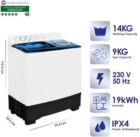 Super General 14 Kg Twin-Tub Semi-Automatic Washing Machine, White/Blue, Efficient Top-Load Washer With Lint Filter, Spin-Dry, Sgw-155, 99.5 X 55.5 X 115.5 Cm, 1 Year Warranty