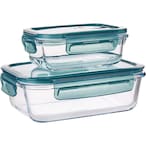 Buy Mondex Glass Food Container With Clips Clear/Blue 350ml+650ml 2 PCS in UAE