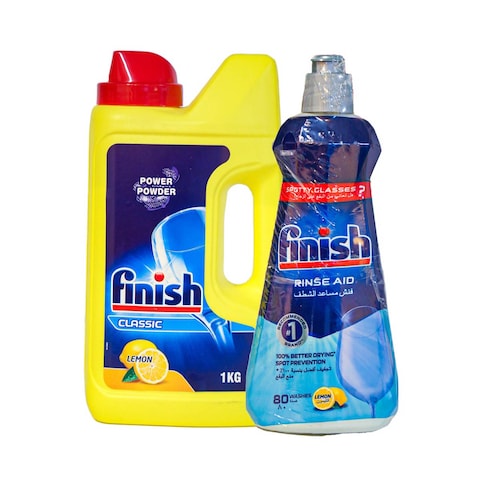 Finish Dishwasher Powder Detergent - Lemon Scent - 1 Kg with Rinse Aid - 400ml