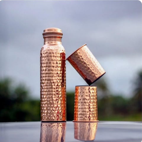 Pure Hammered Copper Bottle 1000ML with 2 Glasses