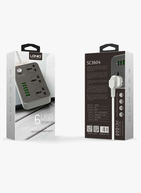 LDNIO 3-Power Socket And 6-Port USB Adapter Grey 162 x 97 x 38millimeter