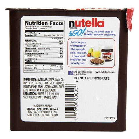 Nutella &amp; GO Chocolate Hazelnut Spread with Breadsticks, 1 Pack, 52g