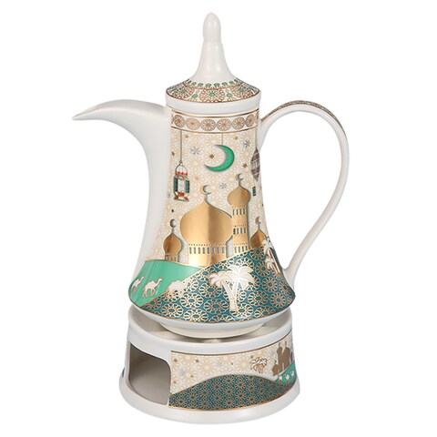 Ramadan Design Arabic Coffee Pot ceramic, Healthy and Extremely Heat Resistant with Candle Warmer, with ramadan design ，gold and green color(L-30*W-7*H-15.5 CM)