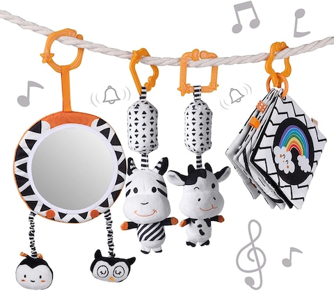 Tumama Baby Toys Gift Set Black And White Tummy Time Mirror Plush Rattles Rings Crinkle Soft Cloth Book Flashcard, Car Seat Stroller Hanging Toy For 0 3 6 9 12 Months Newborn Infant Toddler