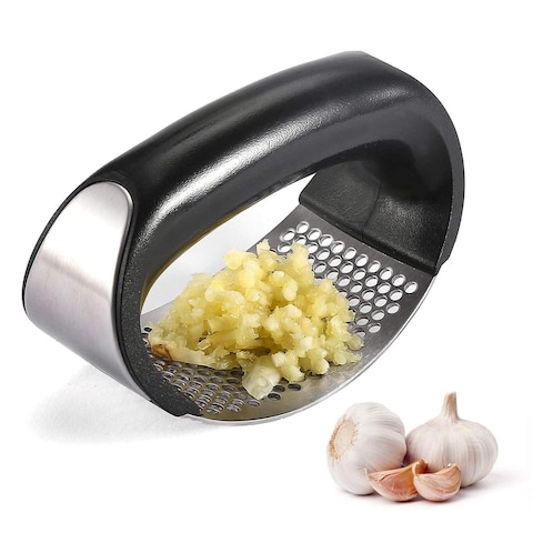 AMERTEER Garlic Press Rocker, Stainless Steel Garlic Mincer Crusher Professional Kitchen Gadgets Garlic Chopper with Ergonomic Handle, Silicone Garlic Peeler