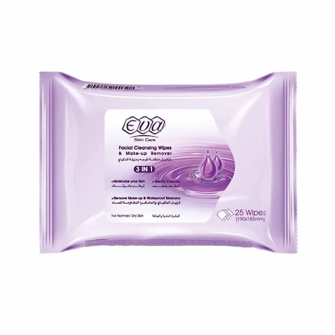 Buy Eva 3in1 Cleansing and Make-Up Removing Facial Wipes for Normal and Dry Skin - 25 Wipes in Egypt