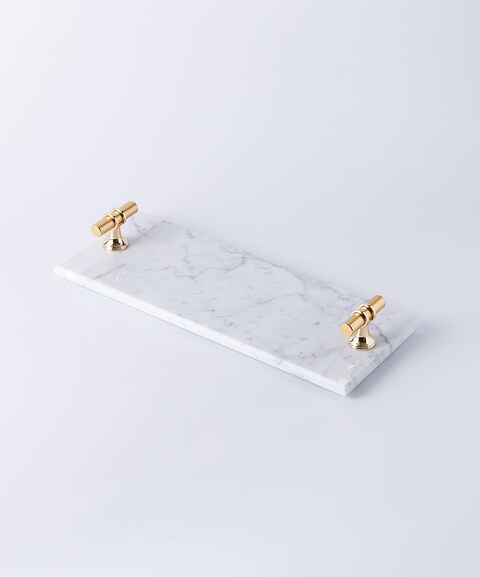 1CHASE&reg; White Rectangular Marble Tray with Golden T Shaped Handles- Vanity Tray, Decorative Tray for Bedroom and Living Area, Perfume Makeup and Jewellery Tray.&hellip;
